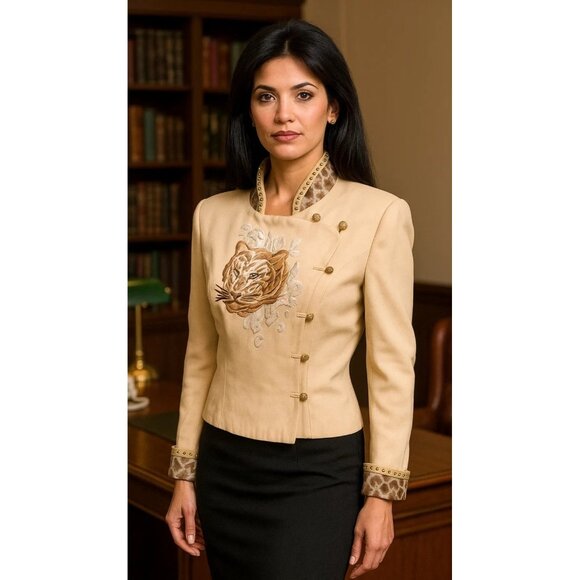 High Drama Womens Blazer Size 8 Beige Leopard Vintage 80s Embroidered Tiger Desi - Picture 3 of 16